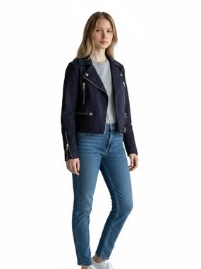 Zara Basics Outerwear jacket perfecto cropped navy blue zippers faux leather XS